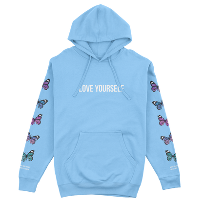 LOVE YOURSELF BROKEN BUTTERFLY HOODIE - LIGHT BLUE