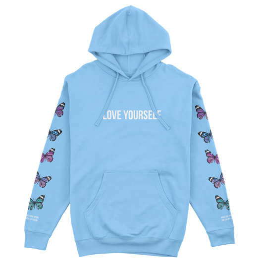 LOVE YOURSELF BROKEN BUTTERFLY HOODIE - LIGHT BLUE