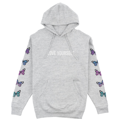 LOVE YOURSELF BROKEN BUTTERFLY HOODIE - HEATHER GRAY