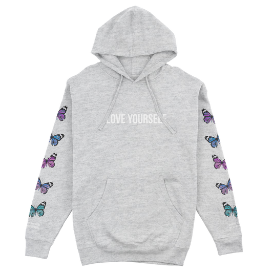 LOVE YOURSELF BROKEN BUTTERFLY HOODIE - HEATHER GRAY
