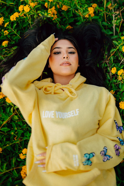 LOVE YOURSELF BROKEN BUTTERFLY HOODIE - YELLOW