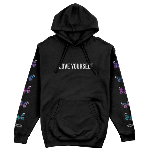 LOVE YOURSELF BROKEN BUTTERFLY HOODIE - BLACK