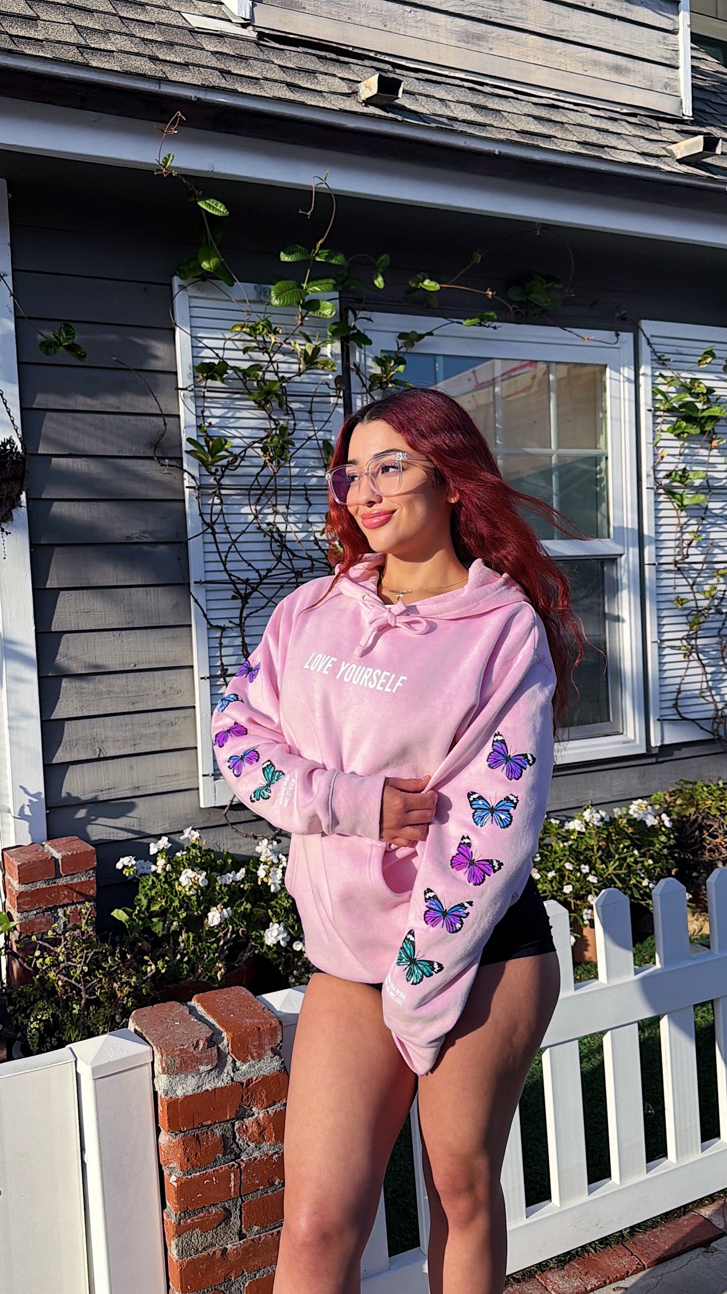 LOVE YOURSELF BROKEN BUTTERFLY HOODIE - PINK