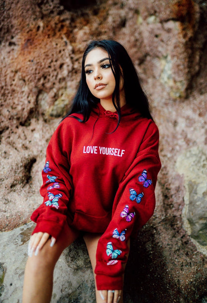 LOVE YOURSELF BROKEN BUTTERFLY HOODIE - RED