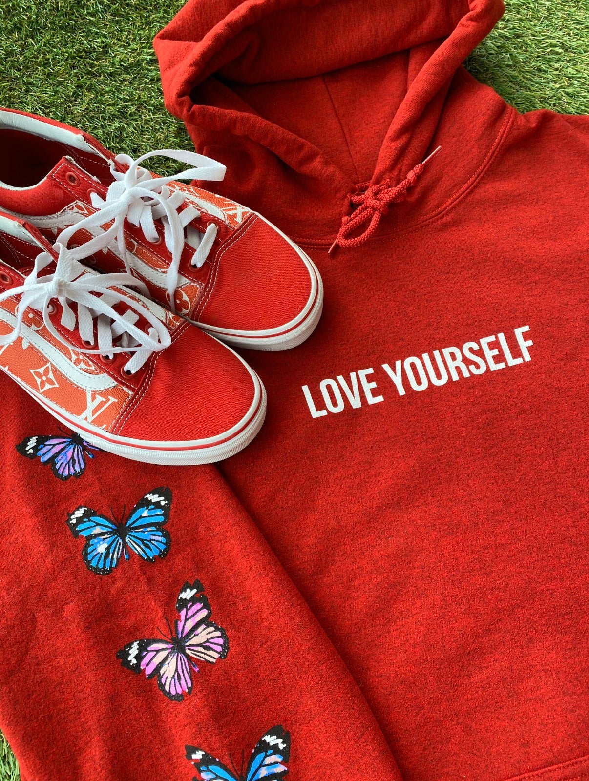 LOVE YOURSELF BROKEN BUTTERFLY HOODIE - RED