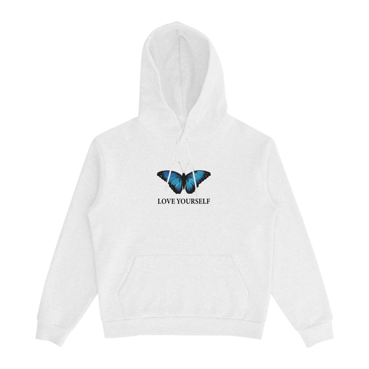 BLUE BUTTERFLY EMBROIDERED HOODIE - WHITE